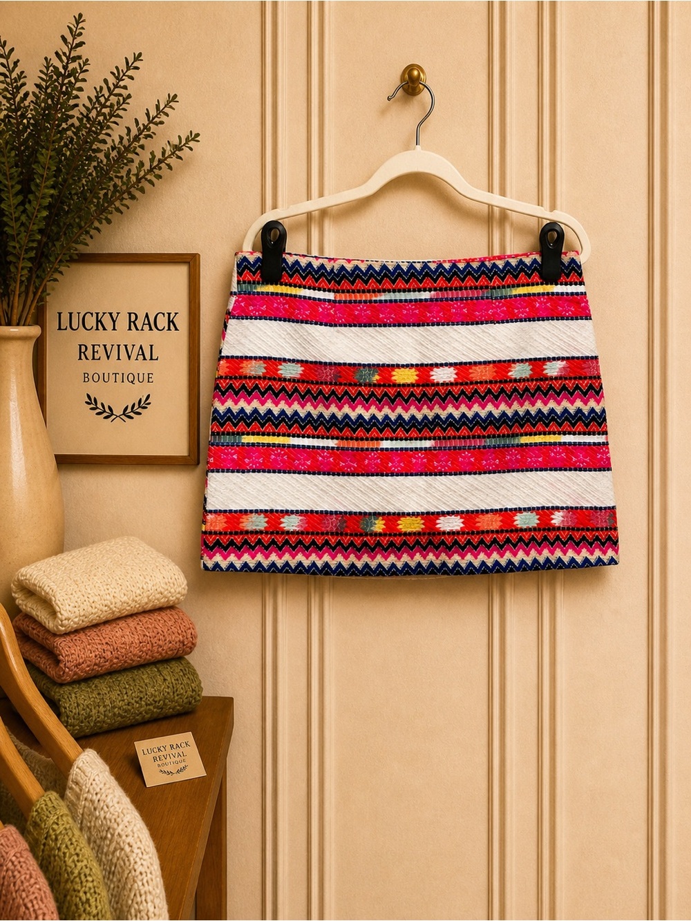 Atmosphere Colorful Aztec Zigzag Mini Skirt US 10 Boho Festival Knit